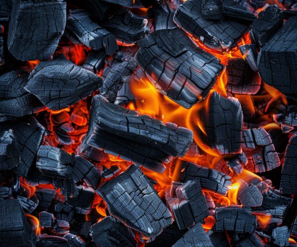 Smoldering Barbecue Charcoal Texture Background, Hot Fire Charcoal Banner, Burn Wood Grill Flame Closeup with Copy Space, Generative AI Illustration